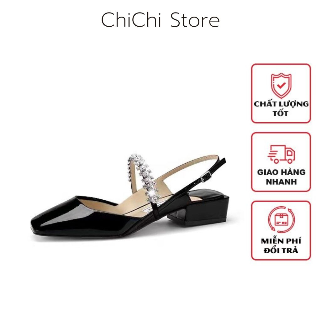 Giày búp bê nữ, giày tiểu thư hở gót đính đá chất da bóng mềm hàng chuẩn đẹp full box cao cấp - G12