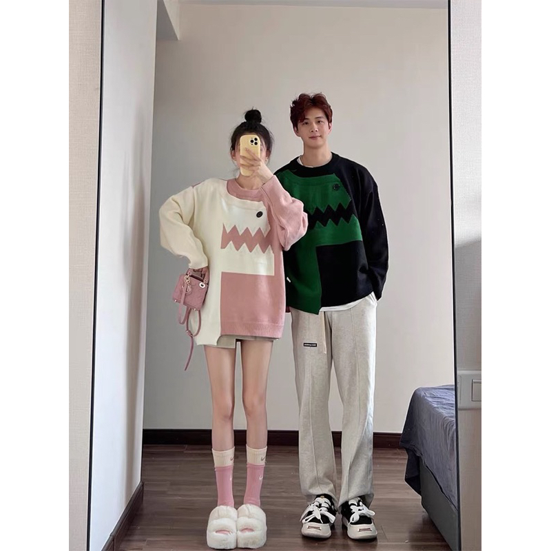 set Áo len đôi hoạ tiết khủng long chất dày dặn kiểu dáng unisex