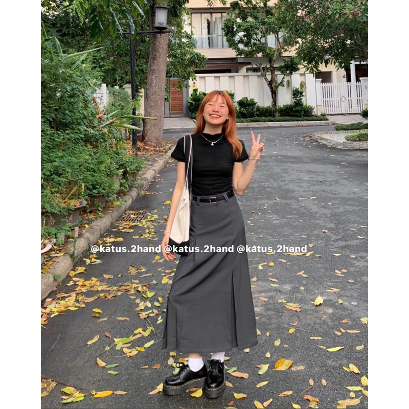 Set áo thun croptop mix chân váy tuyết mưa dài kèm đai ullzang Có Ảnh Thật