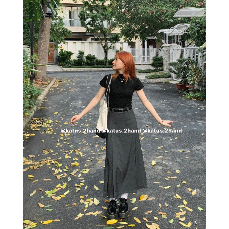 Set áo thun croptop mix chân váy tuyết mưa dài kèm đai ullzang Có Ảnh Thật