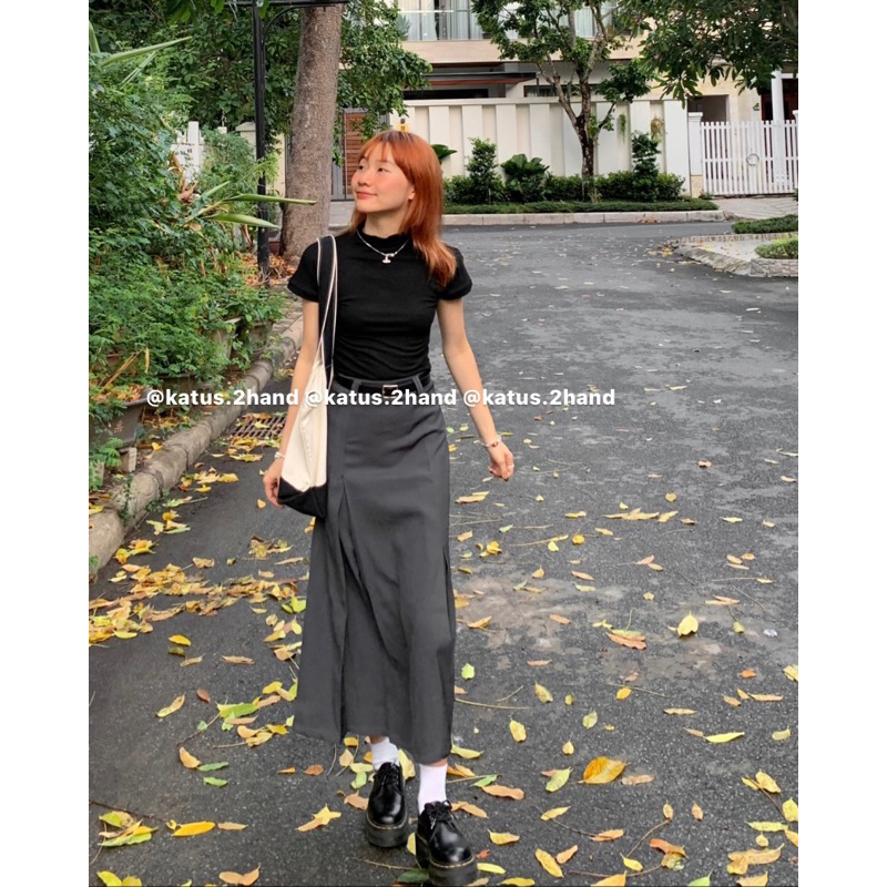 Set áo thun croptop mix chân váy tuyết mưa dài kèm đai ullzang Có Ảnh Thật