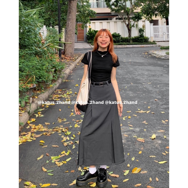 Set áo thun croptop mix chân váy tuyết mưa dài kèm đai ullzang Có Ảnh Thật