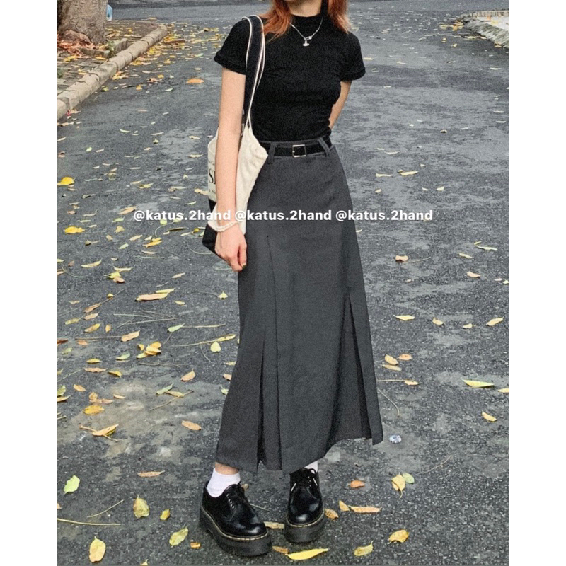 Set áo thun croptop mix chân váy tuyết mưa dài kèm đai ullzang Có Ảnh Thật