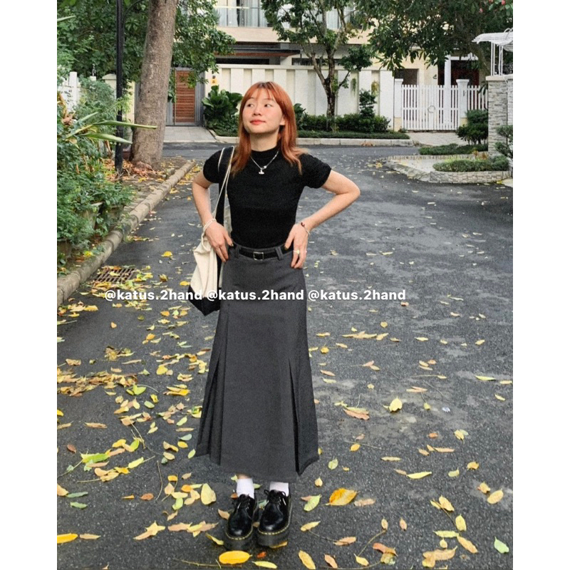 Set áo thun croptop mix chân váy tuyết mưa dài kèm đai ullzang Có Ảnh Thật