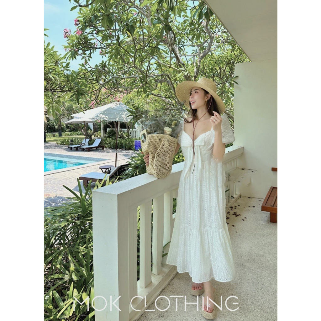 Đầm váy nữ maxi cổ U tay ngắn phồng dáng dài xòe xếp li kiểu ren lỗ họa tiết phong cách hàn quốc cực xinh xắn diện hè