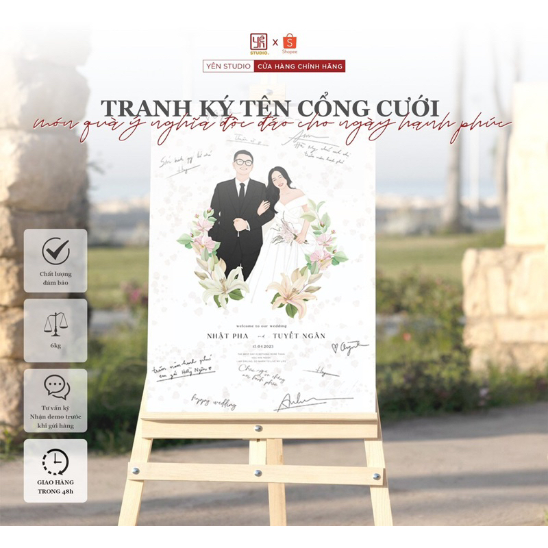 Tranh Vẽ Cổng Cưới - Đám Cưới - Tranh Ký Tên Ngày Cưới Trang Trí - Bảng Welcome Ngày Cưới - In Lụa Ép Gỗ
