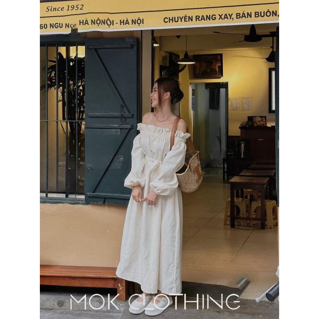Đầm váy nữ trễ vai bo thun bèo tay dài phồng ôm eo phối thắt lưng dáng dài xòe xếp li phong cách hàn quốc siêu nữ tính