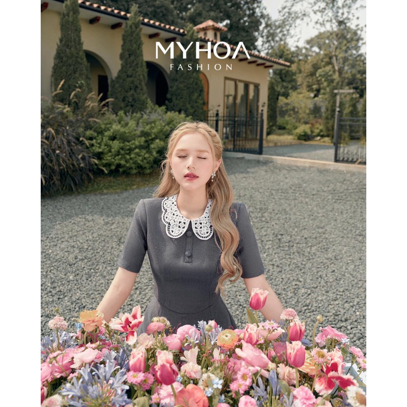 MYHOA| Bolita Set Nữ Màu Xám Cổ Phối Ren Hoa TKCC