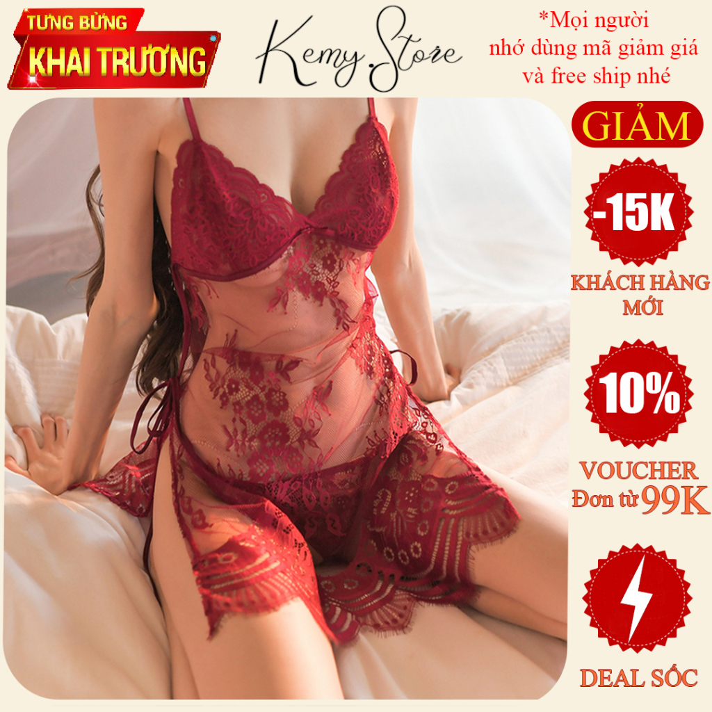 Đầm ngủ sexy dáng xẻ tà, váy ngủ voan phối ren xuyên thấu quyến rũ KV004, Size 40-57kg
