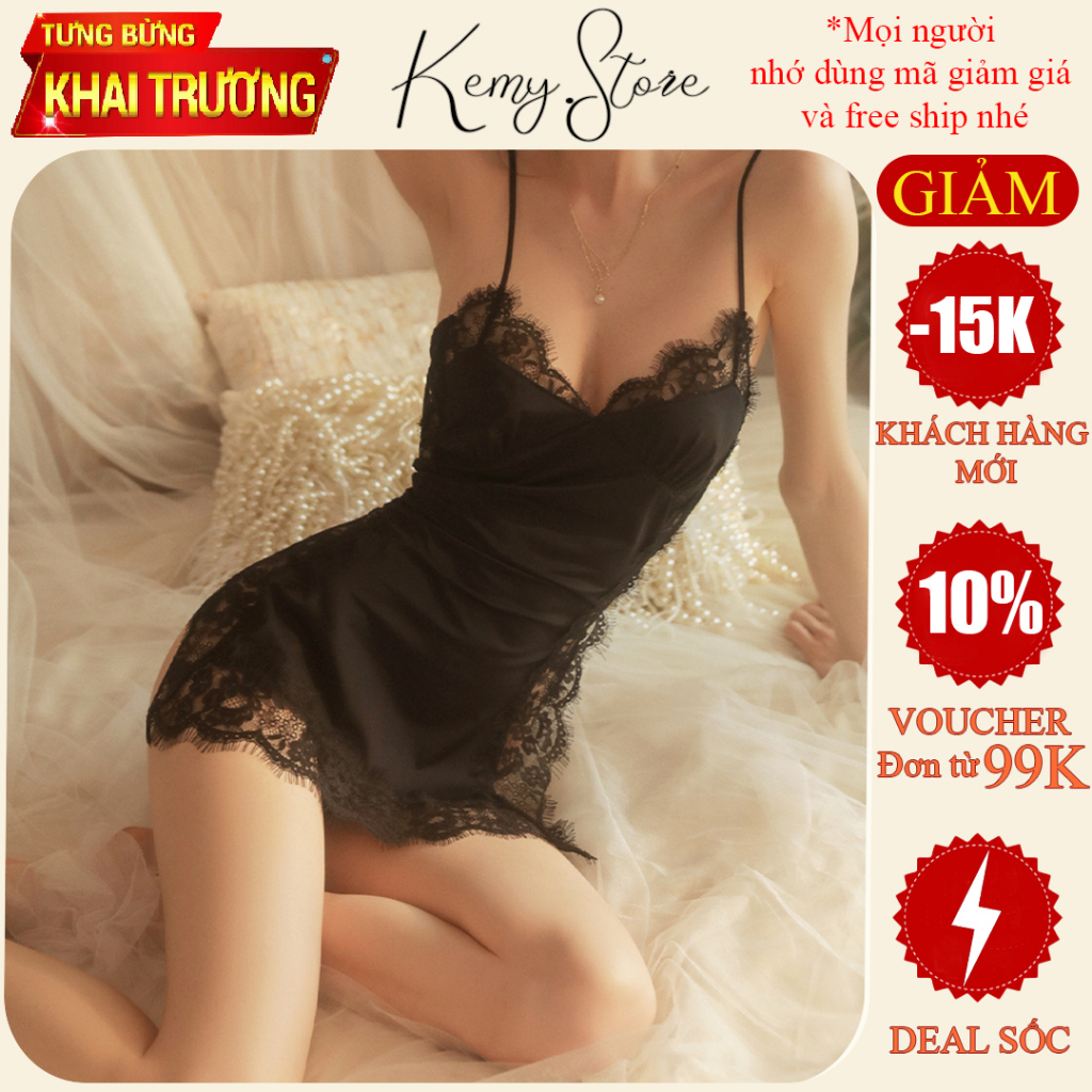Váy ngủ sexy gợi cảm xẻ tà, đầm ngủ sexy voan phối ren xuyên thấu quyến rũ KV006, Size 40-57kg
