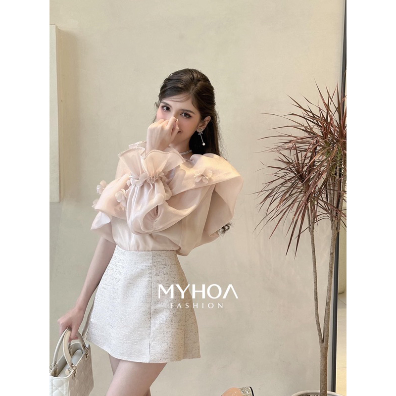 MYHOA| Áo Nữ Lệch Vai Hồng Be Voan Tơ Đính Hoa Giấy TKCC