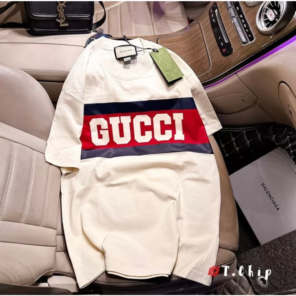 Áo Thun Gucci Form Rộng Tay Lỡ Vải Cotton 100% , Áo Phông Tay Lỡ Unisex Nam Nữ Phối Crem