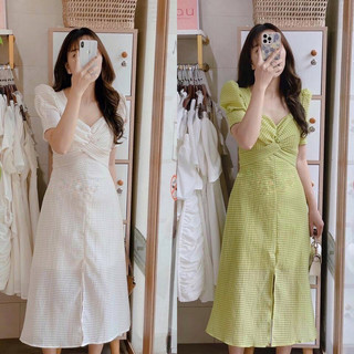 Váy xốp sóng xanh dáng dài 2 lớp xẻ giữa