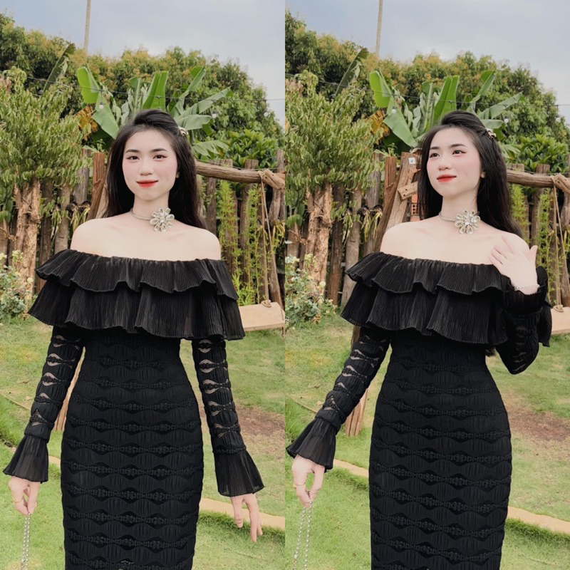 Đầm body ren đen bẹt vai