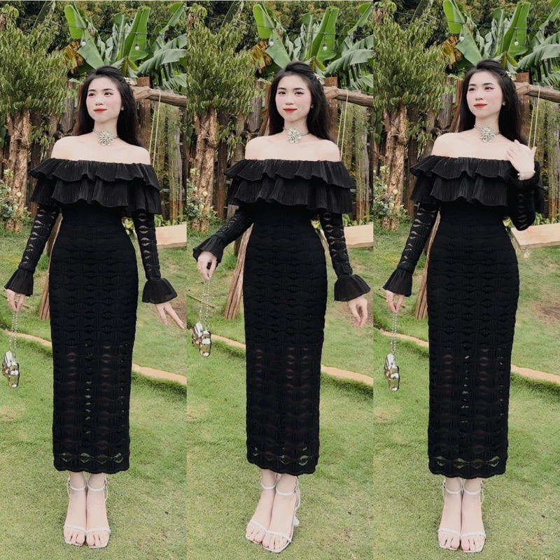 Đầm body ren đen bẹt vai