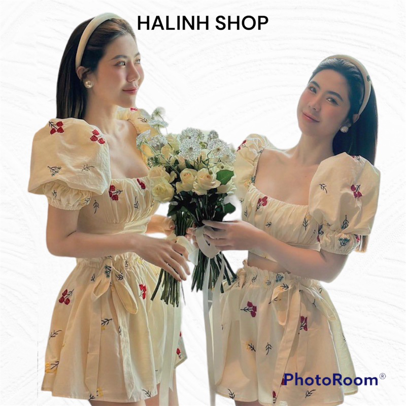 Set Váy Đầm Nữ Hoa Thô Tay Phồng Tiểu Thư - Halinh Shop- Sét Áo Croptop Nhún Kèm Quần Váy Dáng Xòe Chất Thô Thêu Hàn