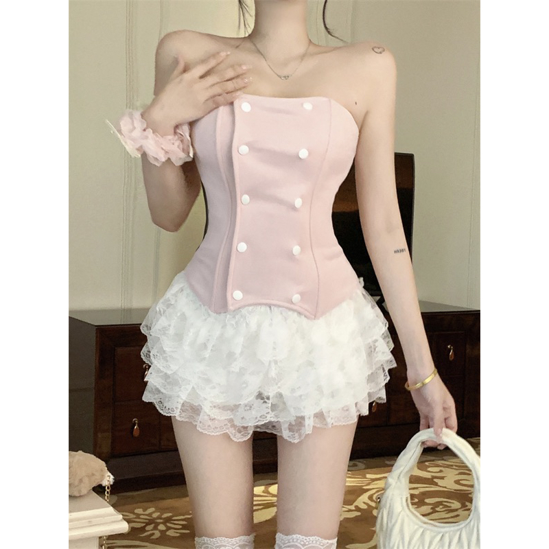 Set Hồng Ngọt Ngào SONOMI Áo Ống Eo Thon Gọn Váy Xoè Xếp Ly Cổ Điển Gợi Cảm
