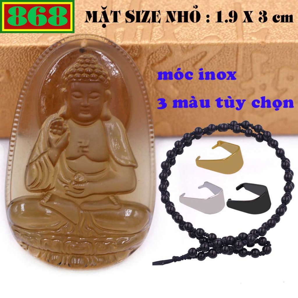 Mặt Phật A di đà pha lê nâu 3 cm (size nhỏ) kèm vòng cổ hạt chuỗi đá đen + móc dây chuyền inox, Phật bản mệnh