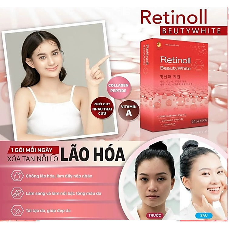 COMBO 2Bột uống Retinoll Beauty White với chiết xuất nhau thai cừu, hỗ trợ chống lão hóa, bật tông da trắng hồng rạng rỡ