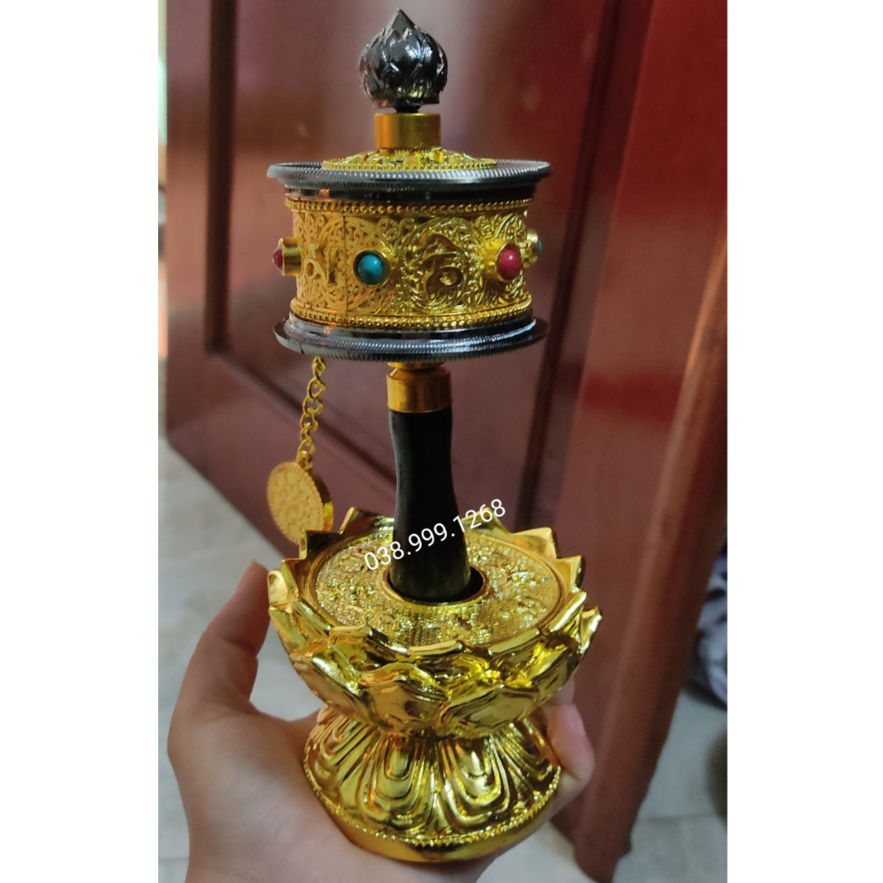 Kinh Luân Cầm Tay 20cm kèm đế cắm Tây Tạng Om Ma Ni Padme Hum mật tông tây tạng