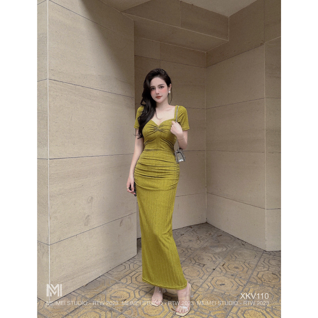 Váy body JK dúm hở lưng, Đầm dáng midi dài đến mắt cá, phù hợp mặc đi tiệc, đi chơi | XKV110 | Meimei Studio