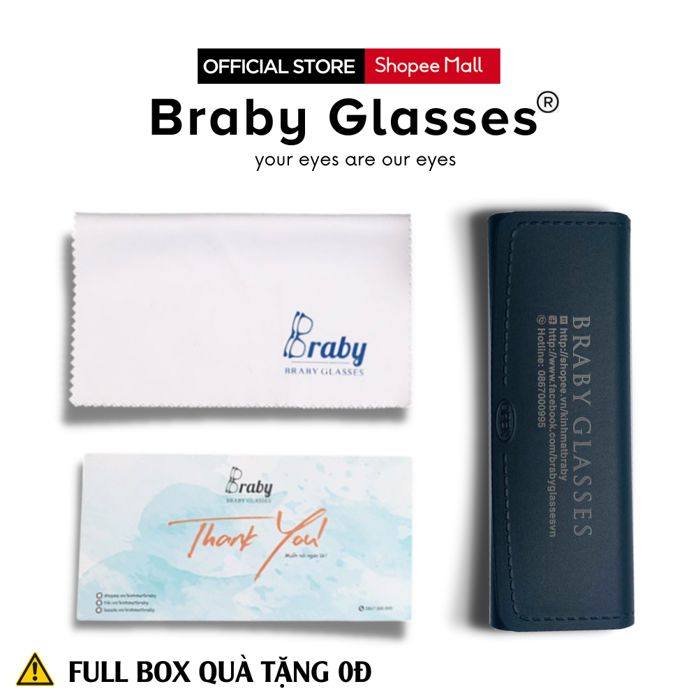Gọng kính cận mắt vuông lõi thép thời trang nam nữ Braby Glasses thiết kế đơn giản chất liệu nhựa dẻo TR90 cao cấp MK84