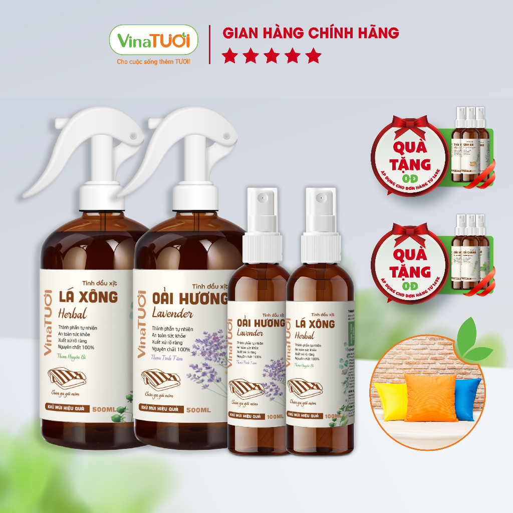 Chai Xịt Thơm Khử Mùi Chăn Ga Gối Đệm Vệ Sinh Nệm Giường VINA TƯƠI 100ml/500ml Tinh Dầu Oải Hương, Cam Sả, Bạc Hà