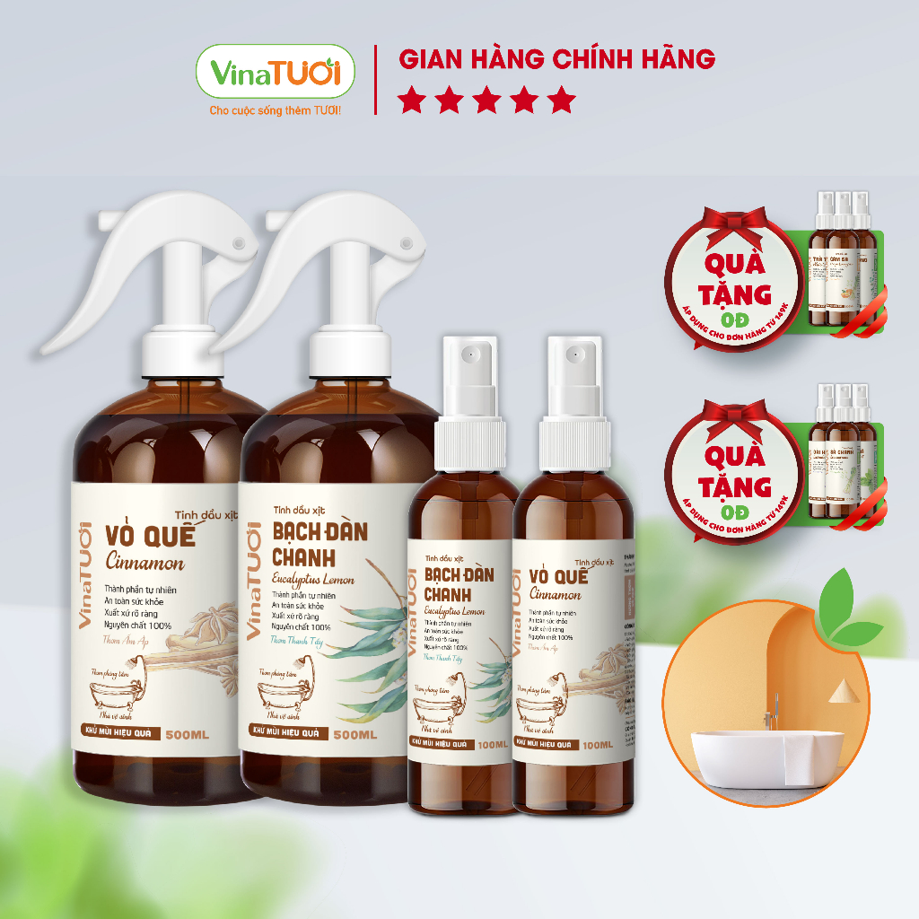 Chai Xịt Thơm Phòng Vệ Sinh Toilet Phòng Tắm VINA TƯƠI 100ml/500ml Tinh Dầu Quế, Sả Chanh, Bạch Đàn Chanh, Bạc Hà