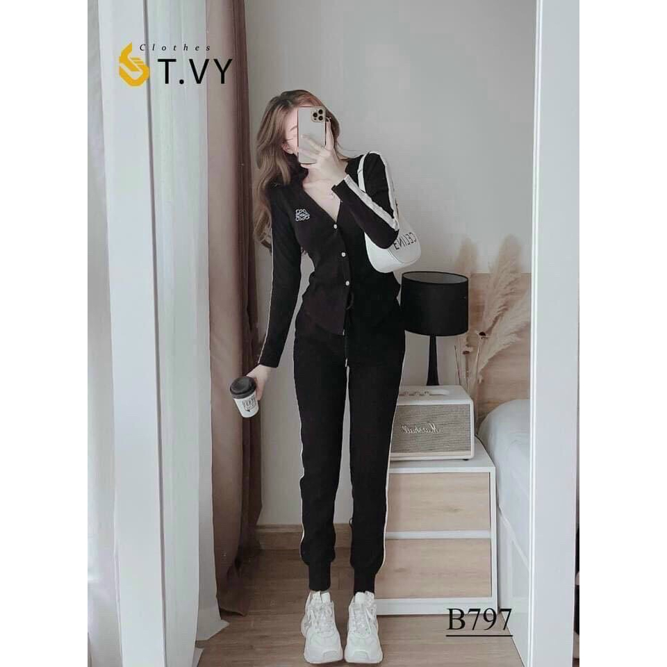 Set bộ tăm hàn kẻ viền trắng đen, Set bộ thun gân cao cấp tay dài có nút, mix cùng quần dài siêu tôn dáng cho mấy nàng