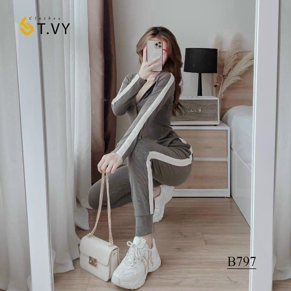 Set bộ tăm hàn kẻ viền trắng đen, Set bộ thun gân cao cấp tay dài có nút, mix cùng quần dài siêu tôn dáng cho mấy nàng