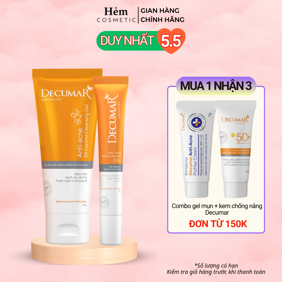 Combo cơ bản cho da mụn Decumar Advanced (01 Gel ngừa mụn Nano Curcumin 20g + 01 Gel rửa mặt giảm nhờn cho da mụn 50g) -