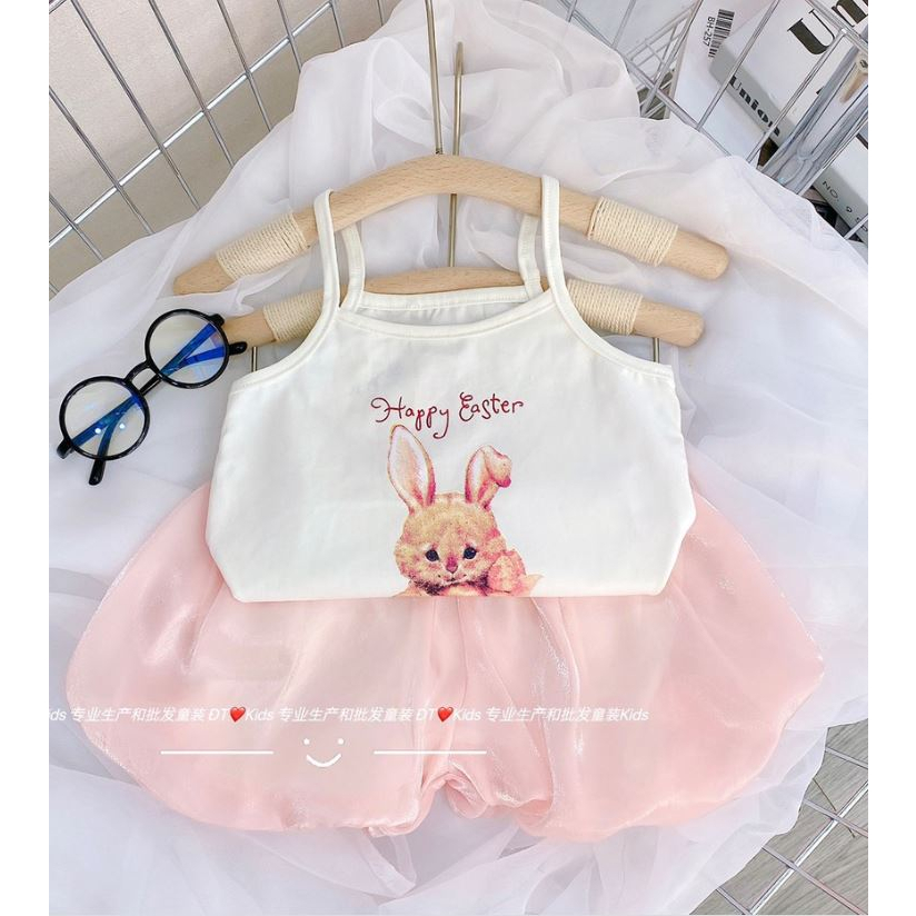 Set bộ đồ 2 dây kết hợp quần tơ 2 lớp cho bé , set đồ thỏ 2 dây