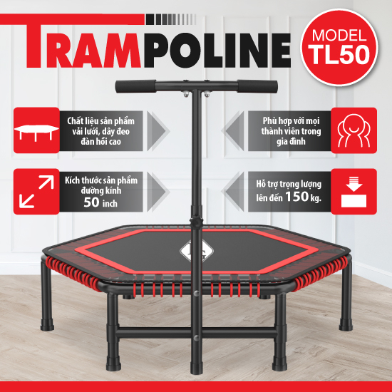 BG-Sàn nhún tập thể dục Trampoline khung thép mẫu mới nhất có tay bám an toàn , Đệm nhún lò xo dành cho mọi lứa tuổi