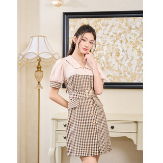 Đầm nữ sơ mi trẻ trung cổ V tay bo phối kẻ caro nâu be tặng kèm đai lưng YOONA - YH10S212