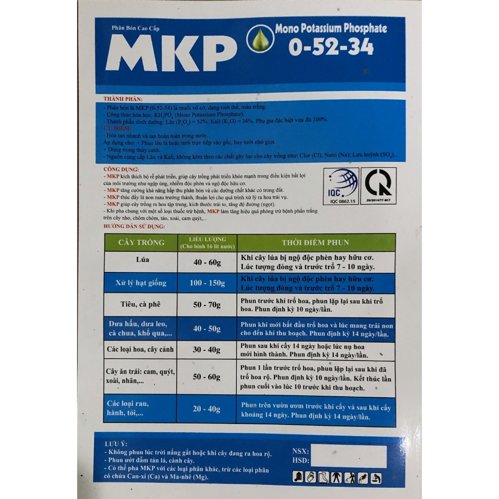 Phân bón MKP bao 1kg, giúp kích thích rễ phát triển, tăng cường khả năng hấp thụ phân bón