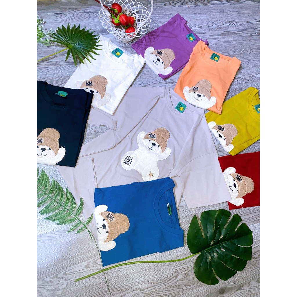 Áo thun 3158 unisex cổ tròn form rộng tay lỡ đáp thêu gấu đội nón dễ thương siêu xinh hàng đẹp bán chạy mẫu mới