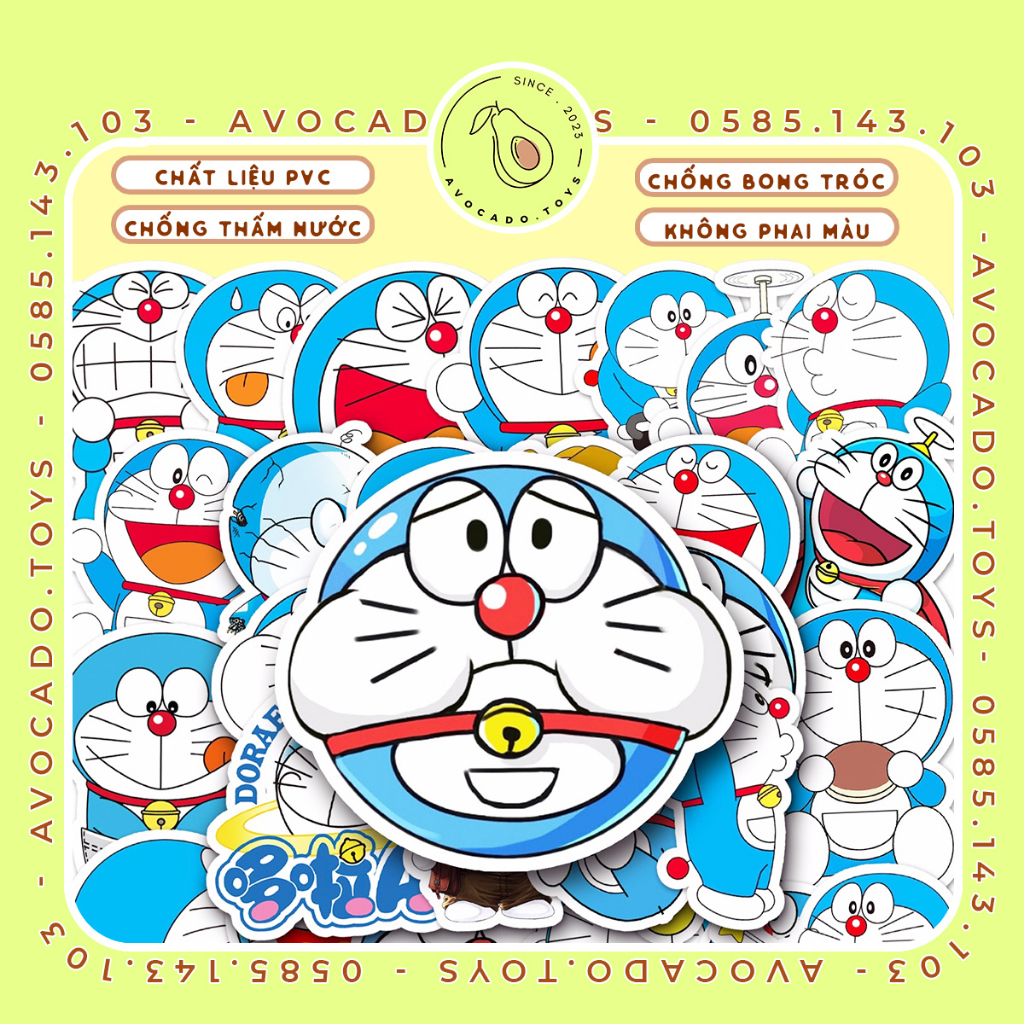 Set 52 Sticker hình DOREMON, Dán Laptop, Điện Thoại, Ván Trượt, Vali , Dán Đàn - Decal PVC Chông Thấm Nước