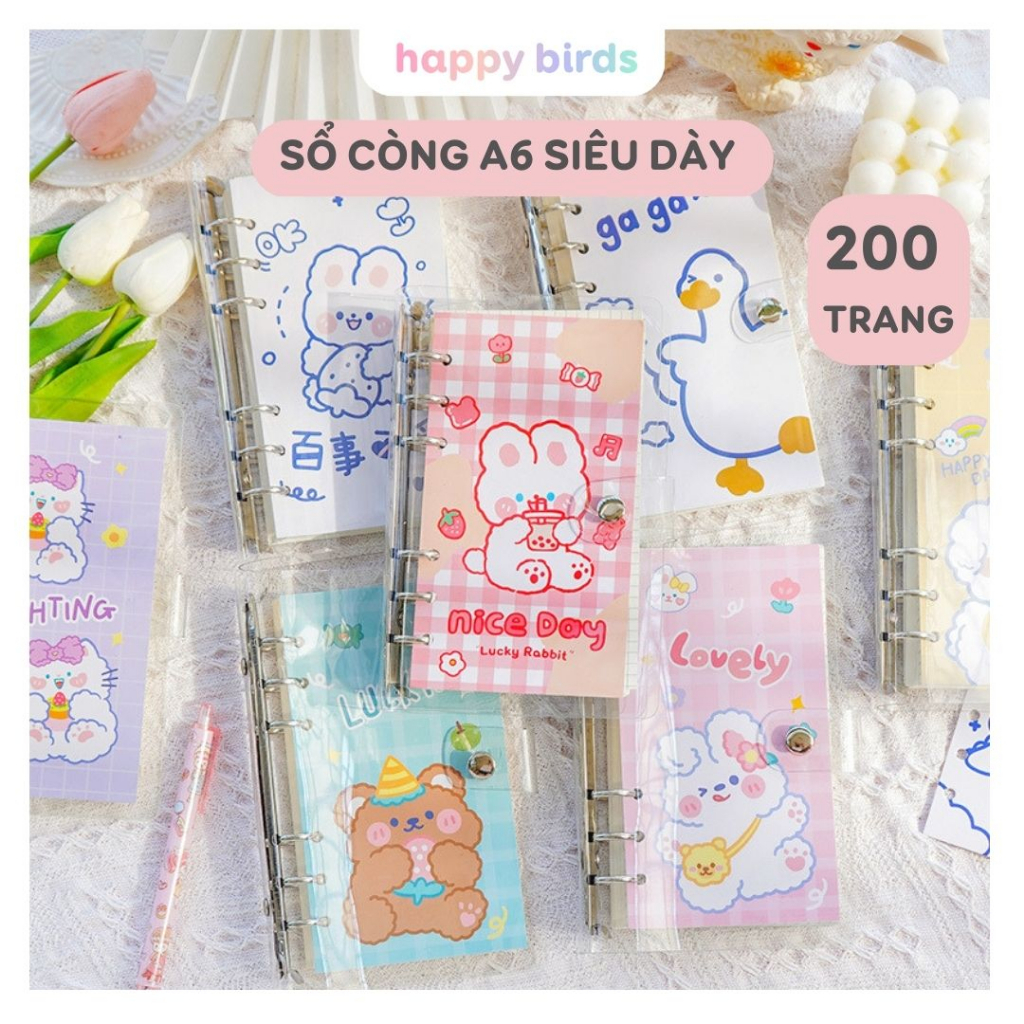 Sổ còng sổ tay 200 trang A6 refill caro kẻ ngang cute sổ lò xo ghi chép bìa binder PVC nhựa dẻo cúc bấm sổ note ghi chép