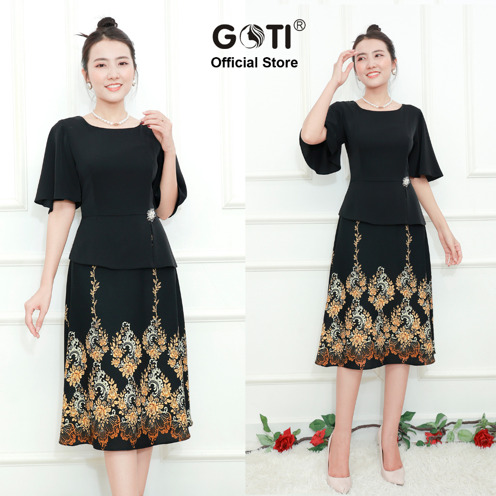 GOTI - Đầm Trung Niên Lụa Cao Cấp Dáng Xoè In Hoa Văn Phối Tay Cánh Tiên Quý Phái Tặng Mẹ Bigsize 46-73kg 3330 3340 3370