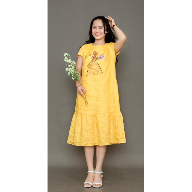 Đầm linen tưng premium vàng hoa cúc