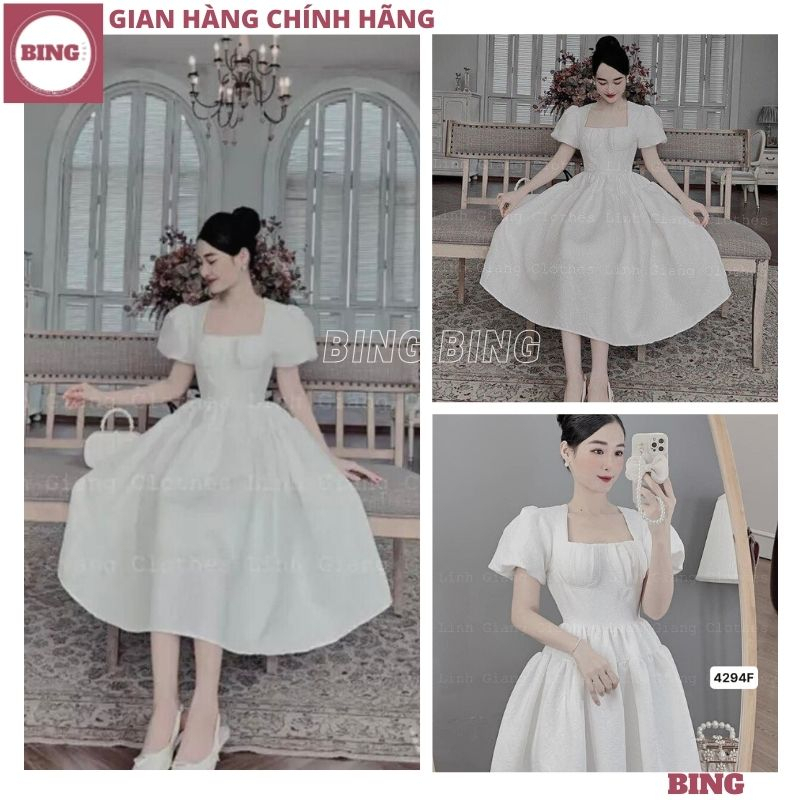 Váy gấm trắng cup ngực 2 tầng dáng dài sang chảnh, Đầm công chúa gấm xốp dáng xòe bồng dự tiệc siêu đẹp tôn dáng - BING