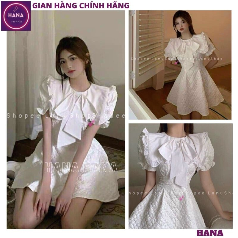 Váy tiểu thư phối viền tay bo chun phong cách hàn quốc, Đầm gấm xốp trắng cổ sen đính nơ tay bồng dáng điệu đà - HANA