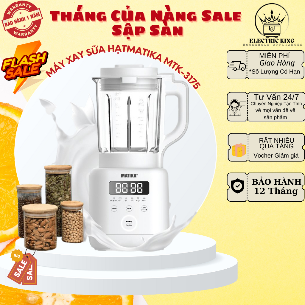 Máy Xay Sữa Hạt Máy Nấu Cháo MATIKA 3175 Đa Năng Dung Tích Cối Thủy Tinh 1.75L