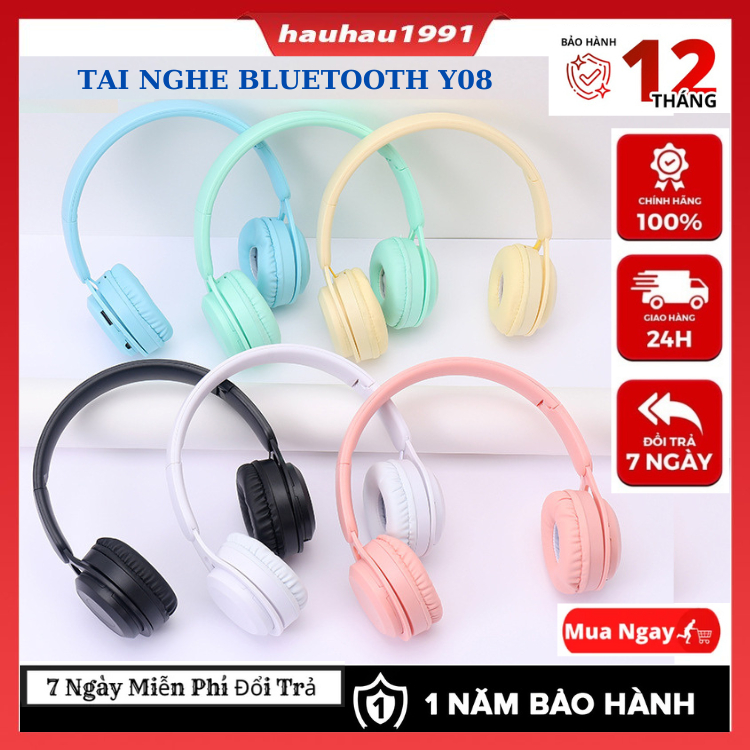 Tai nghe chụp tai Y08 có micro chống ồn Headphone không dây màu sắc thời trang,tai nghe bluetooth 5.0 âm thanh chuẩn tốt