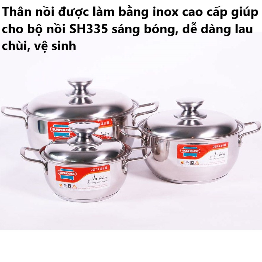Bộ 3 nồi inox 3 đáy từ siêu bền SUNHOUSE SH335 16/20/24cm - Dùng mọi loại bếp - Hàng chính hãng