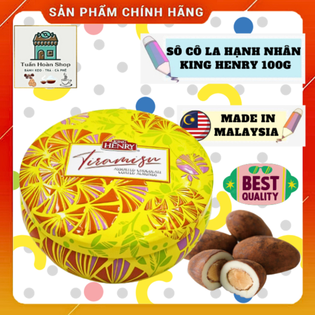 Socola/Sô cô la King Henry Tiramisu Chocolate Bọc Hạt Hạnh Nhân Hộp Thiếc Tròn 100g Malaysia