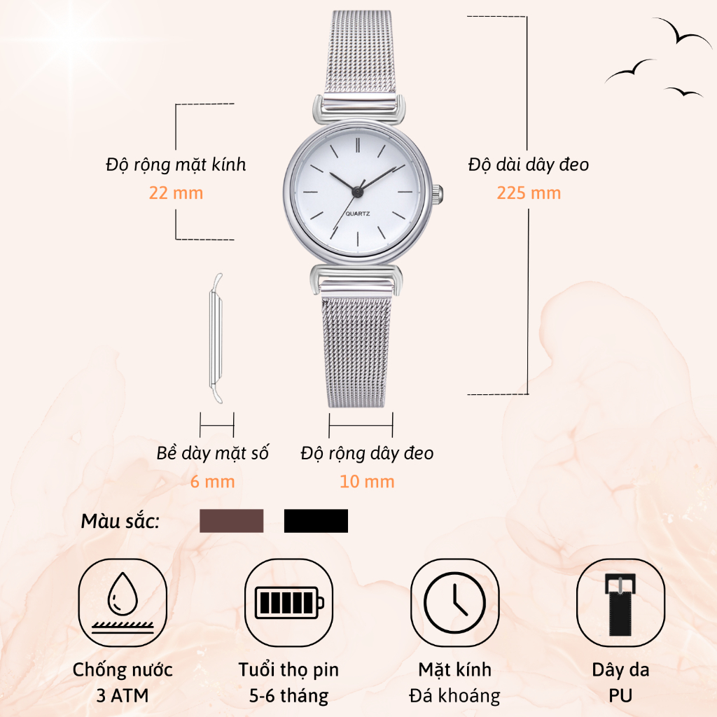 Đồng hồ thời trang nữ mặt nhỏ dây kim loại MONO bạc mặt đen đồng hồ nữ mặt tròn đẹp giá rẻ Basic Jewelry size 22mm DH07 | BigBuy360 - bigbuy360.vn