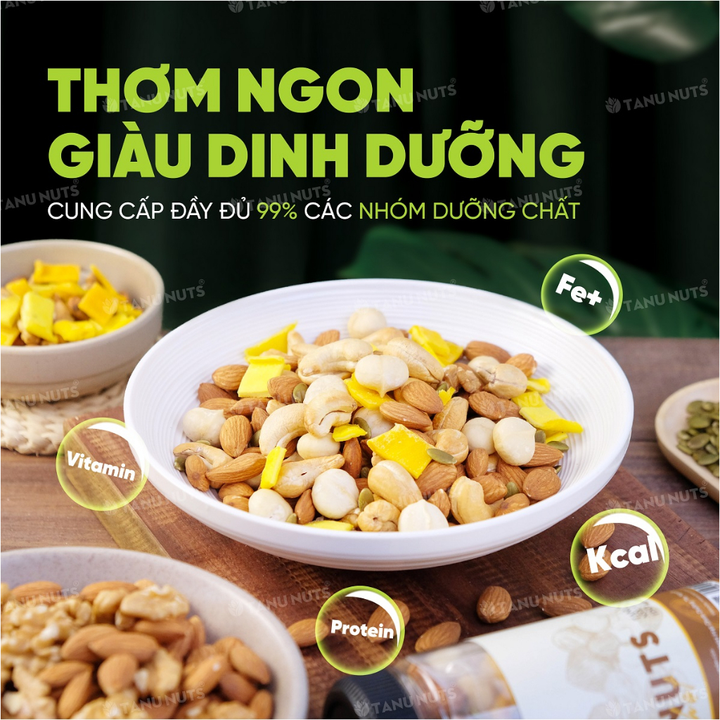 Hũ 350g hạt dinh dưỡng mix 5 hạt TANU NUTS, các loại hạt bí xanh, hạnh nhân, macca, hạt điều, xoài sấy tốt cho bà bầu.