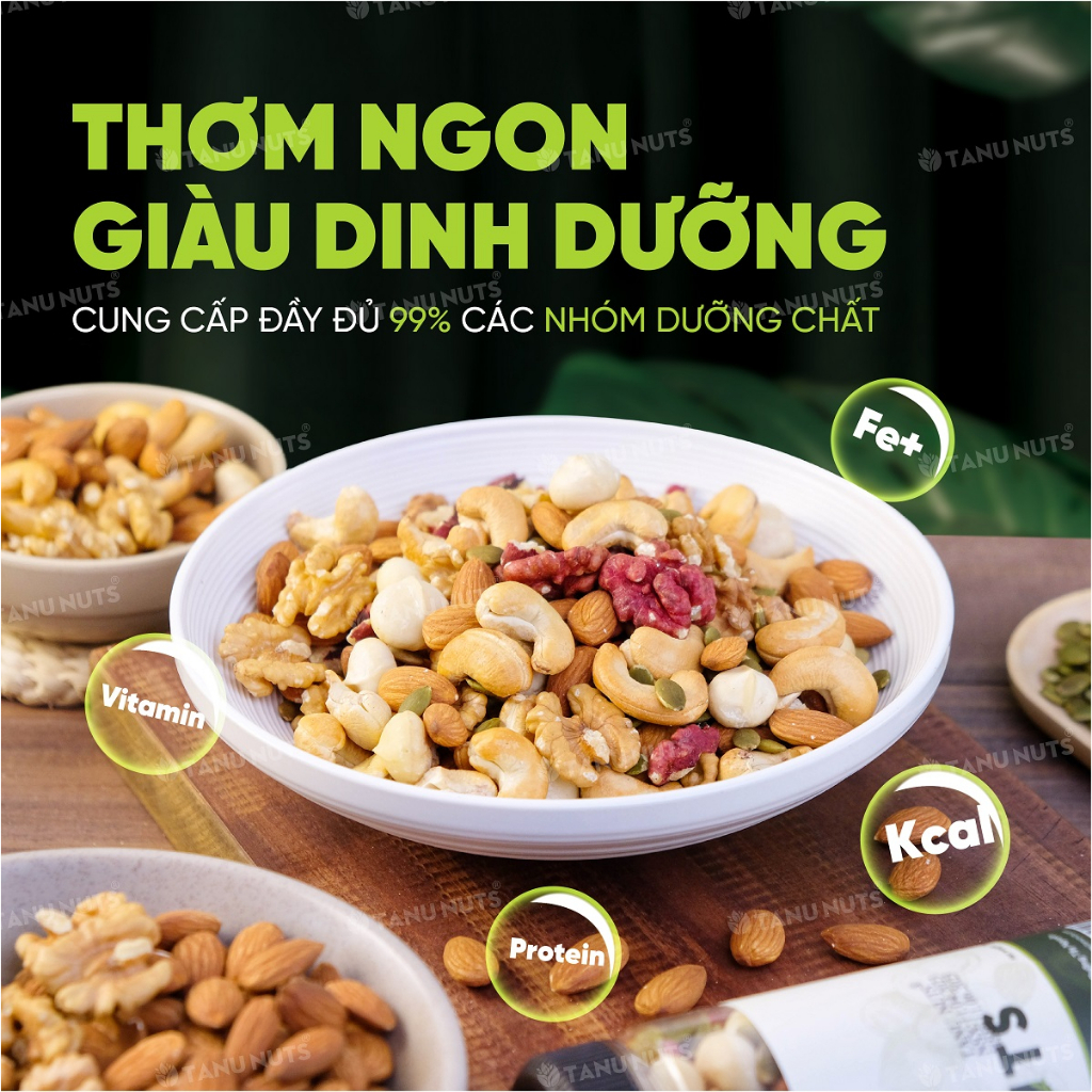 Hạt dinh dưỡng mix 6 hạt  TANU NUTS hũ 350gr, ngũ cốc bà bầu gồm macca, hạnh nhân, điều, bí xanh, óc chó vàng- đỏ.