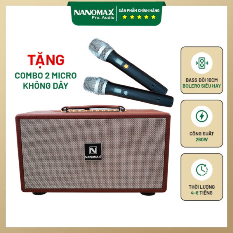 [Tặng hộp đựng micro] Loa Kéo Karaoke Xách Tay Nanomax K-10 K10 Bass Đôi 10cm Công Suất 260w